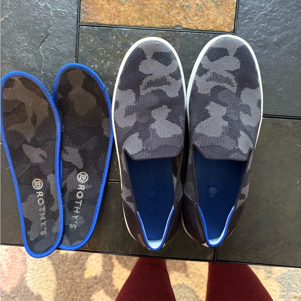 Rothy's Black and Blue Loafers Camouflage Slip-Ons